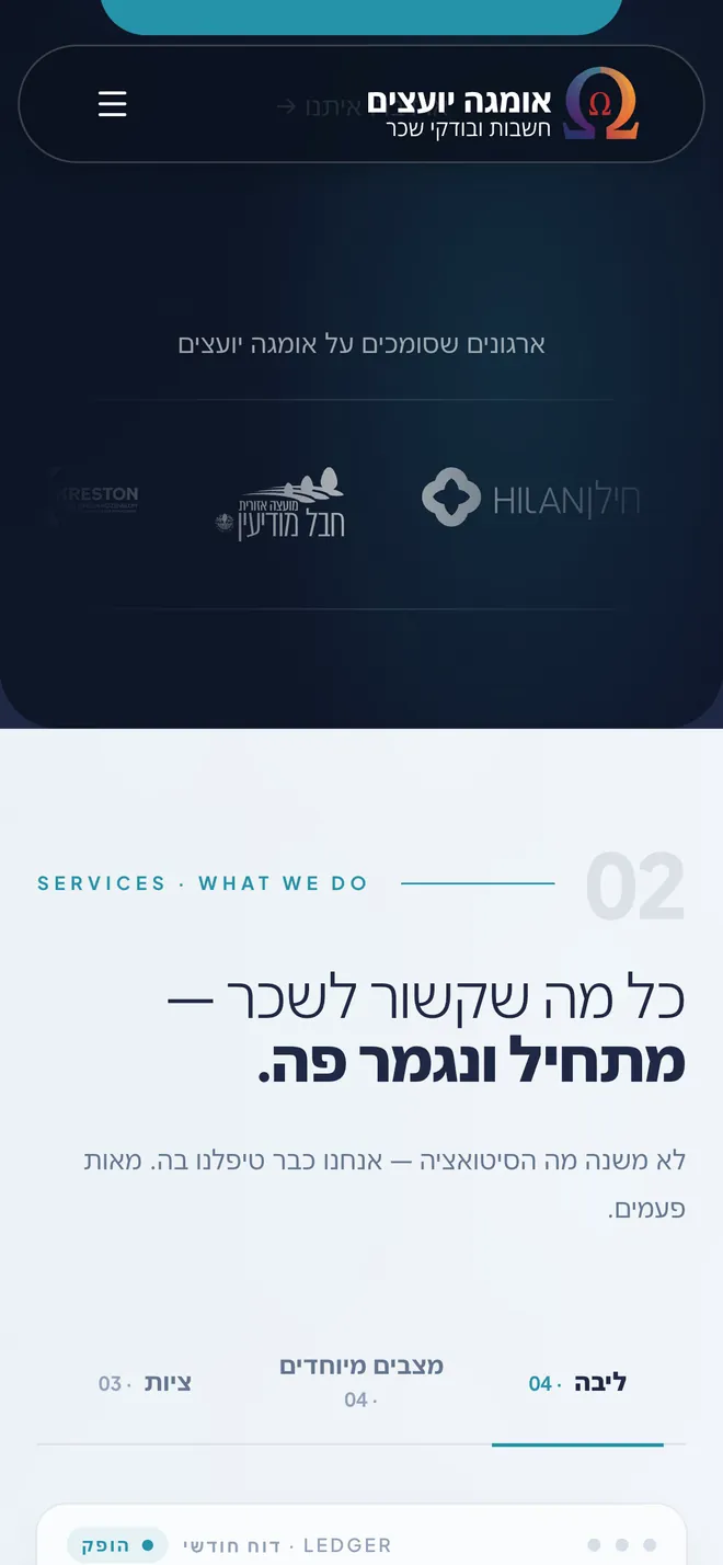 The services section: the second and the third tab are pressed in turn, and the document under the tabs changes with each: a ledger, a handoff plan, an audit report.