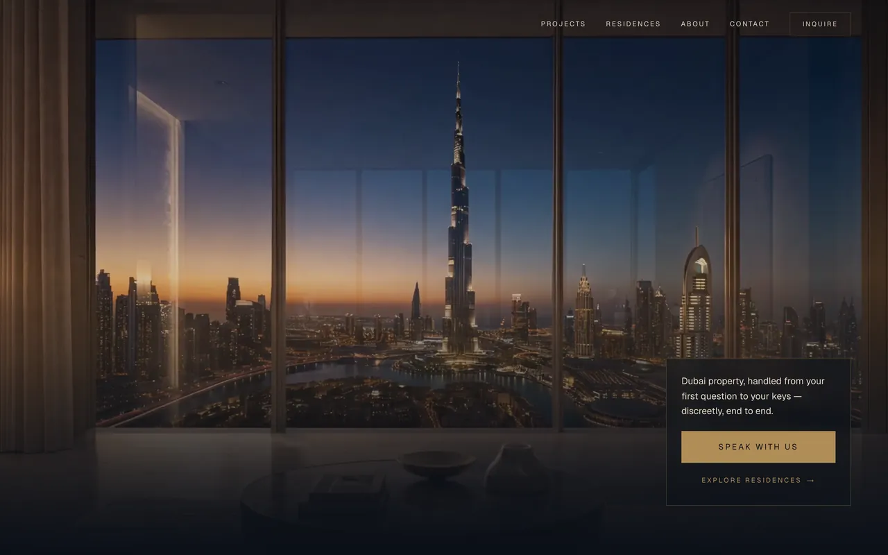 The prototype's first screen on a desktop: a city skyline at dusk through tall windows, and a small card at the right.