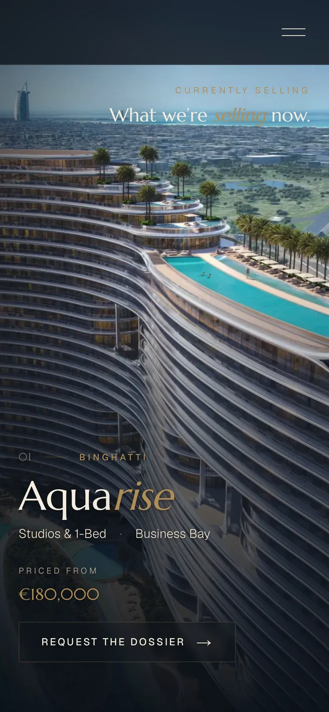 The projects section: a development fills the screen; the next one comes up from below, its picture settling and its name, details and price sliding in line by line; then a third.