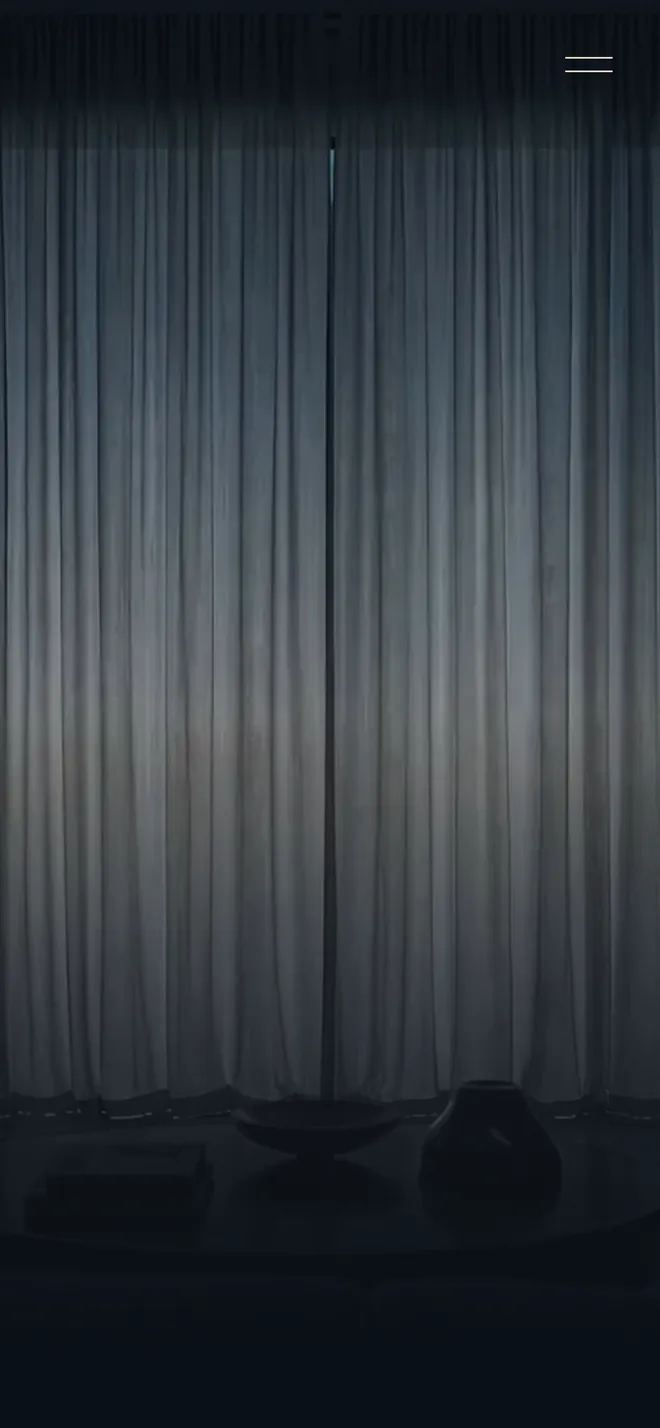 The prototype's first screen: a dark room; warm light comes on; the curtains open on a city skyline at dusk; the headline's last word arrives letter by letter.