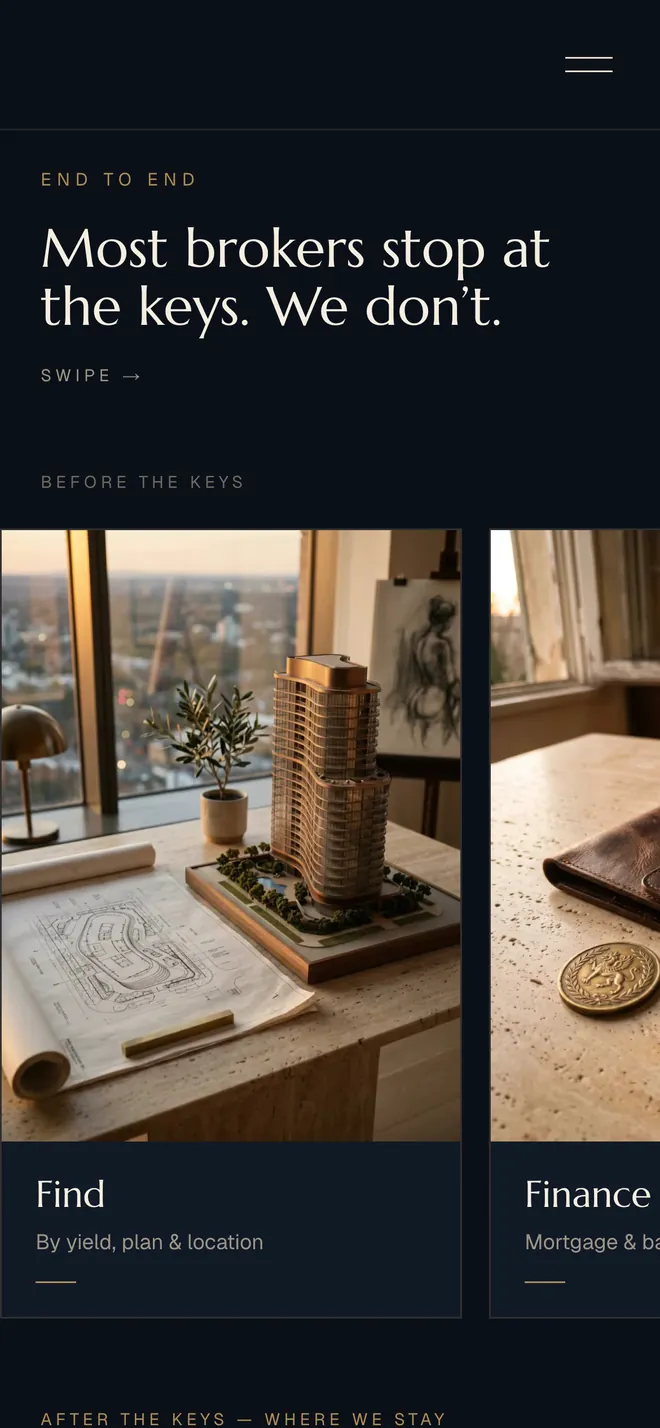 The services section: four picture cards for the steps up to the keys (find, finance, sign, keys), then four for the steps after them (furnish, lease, manage, visa).