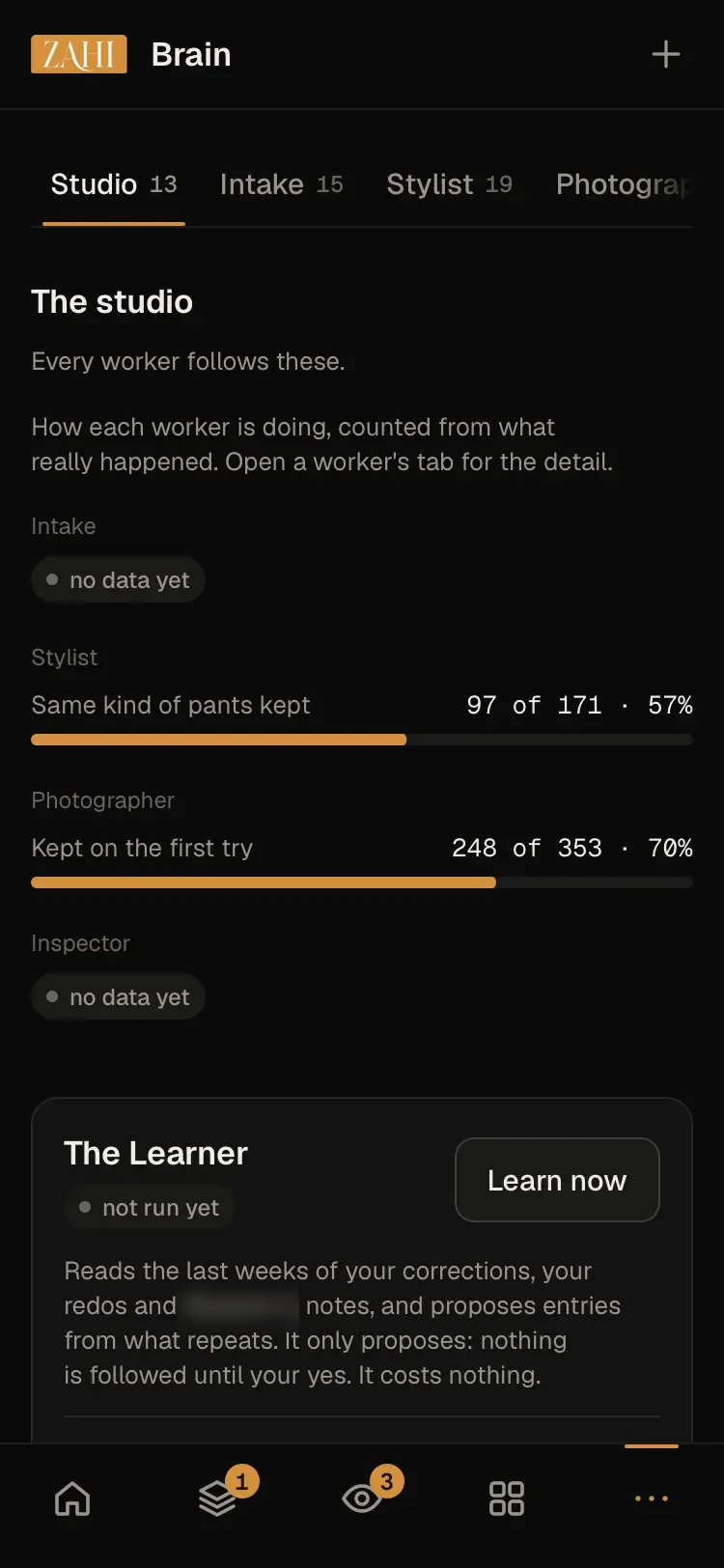 The studio's Brain screen: the studio's rules, and each worker's score, counted from what really happened.
