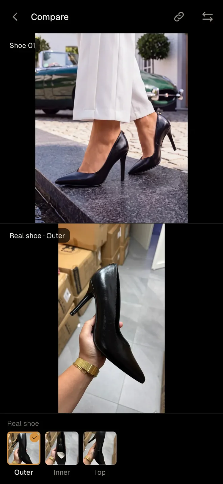 The studio's Compare screen: the finished picture of a black pump above the shop's own photo of it.