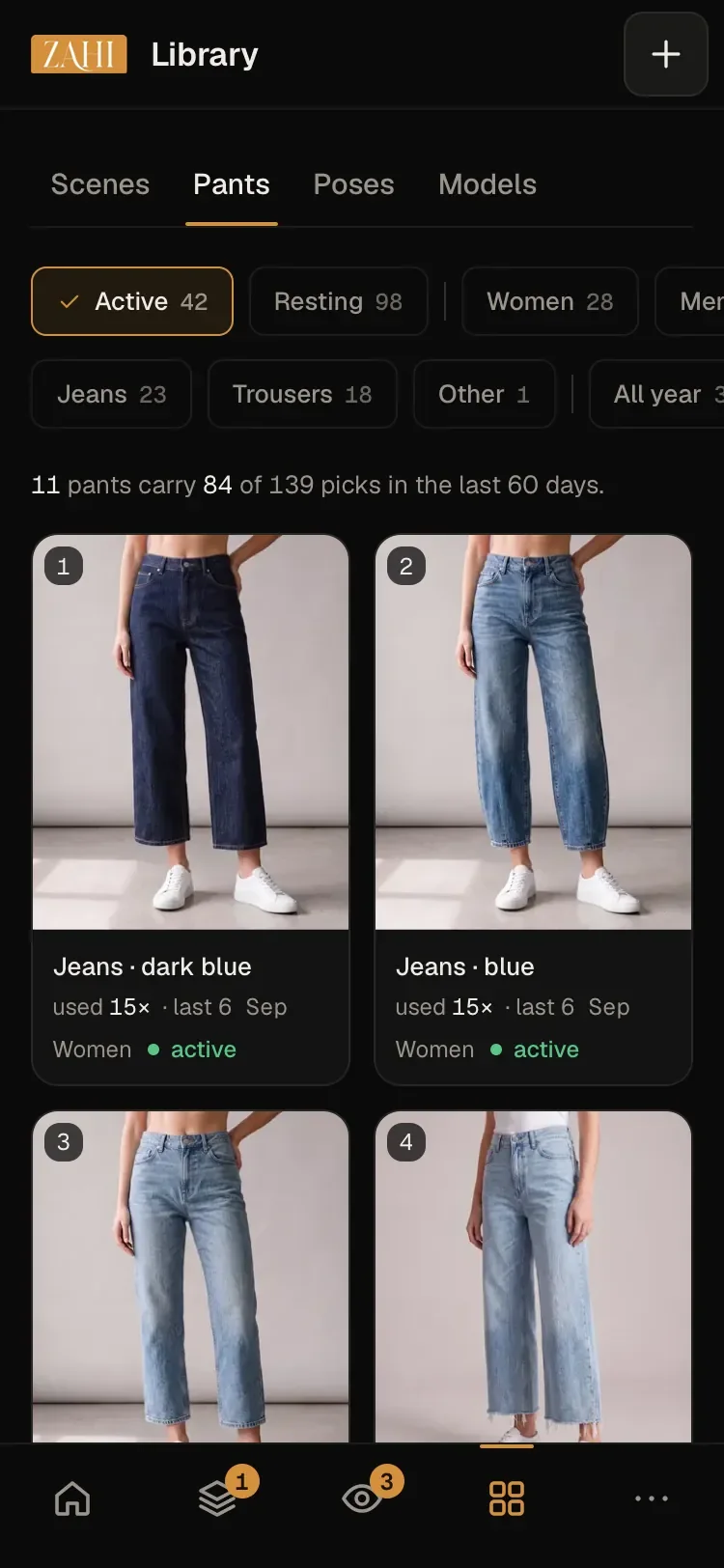 The studio's Library screen, on Pants: jeans in four washes, each with how often it was used.